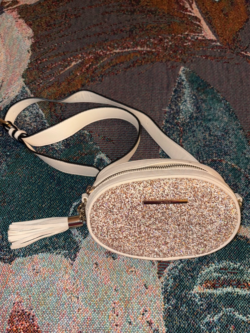 Aldo Cream Glitter Oval Crossbody with Tassel